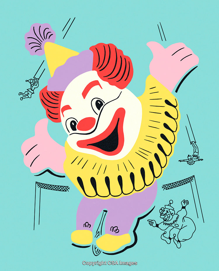 Vibrant Circus Clown Illustration with Dynamic Elements and Playful Mood
