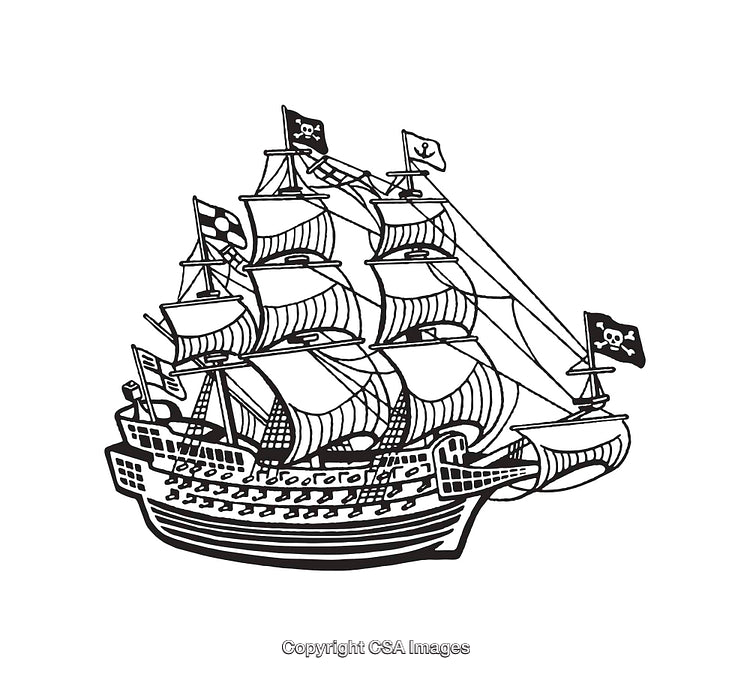 Pirate Ship Line Art Illustration of a Sailing Vessel in Black and White