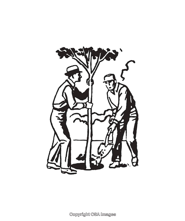 Black and White Line Art of Two Men Planting Tree
