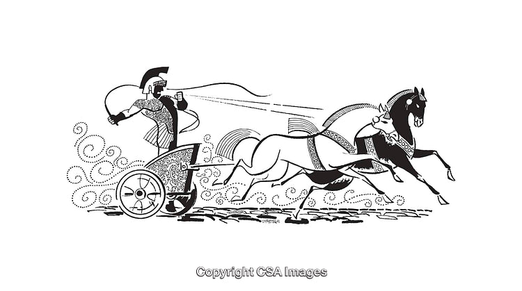 Ancient Chariot Race in Black and White Line Art Style