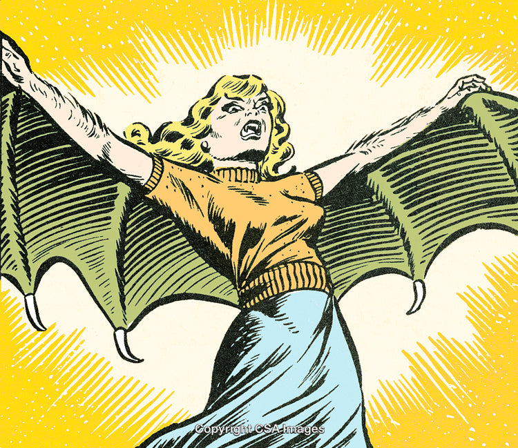 Dramatic Comic Style Illustration of Female Transformation With Bat Wings