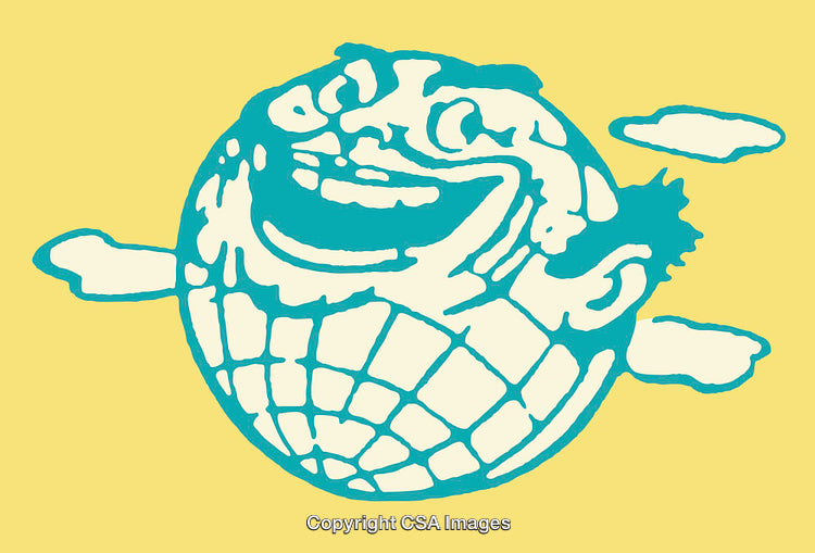 Whimsical Earth Character Illustration with Playful Clouds on Yellow Background
