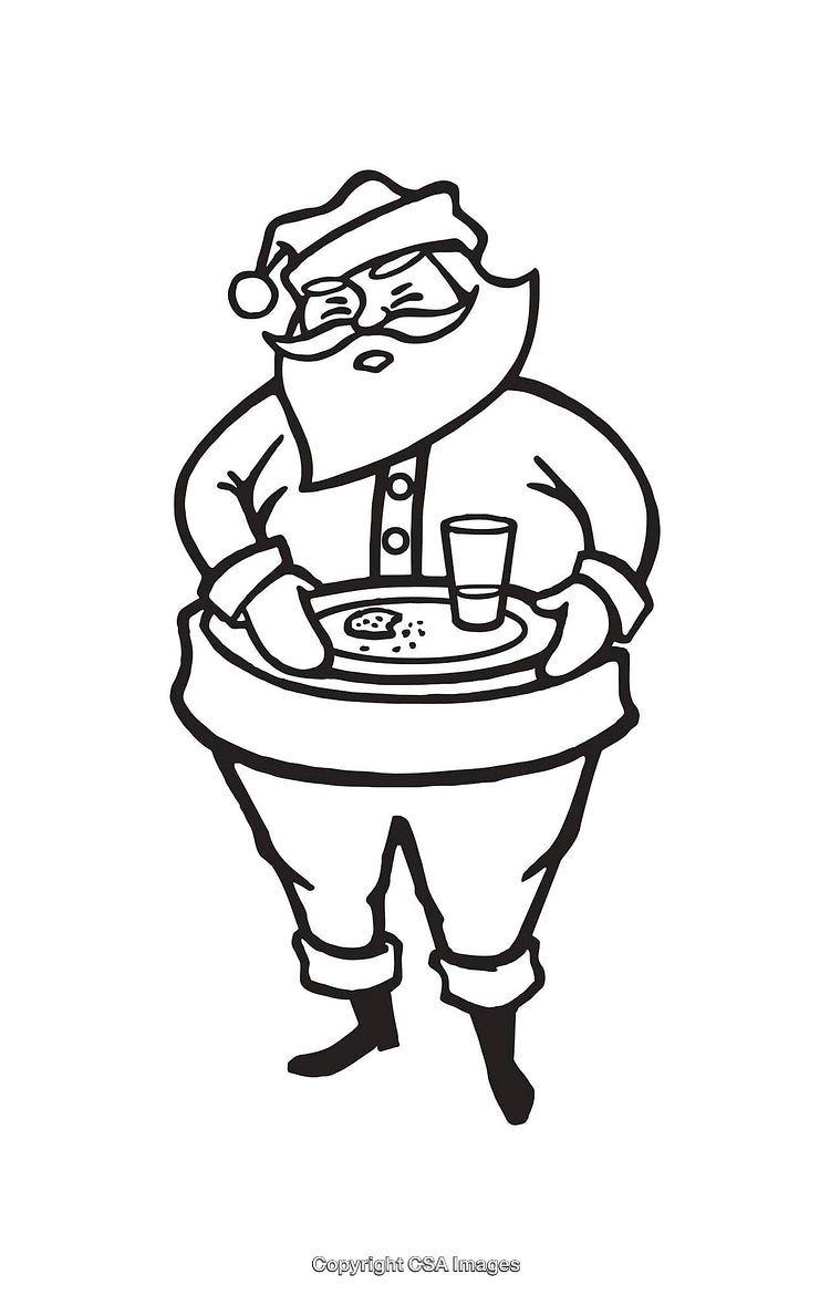 Santa Claus Holding a Tray with Milk and Cookies, Black and White Line Art