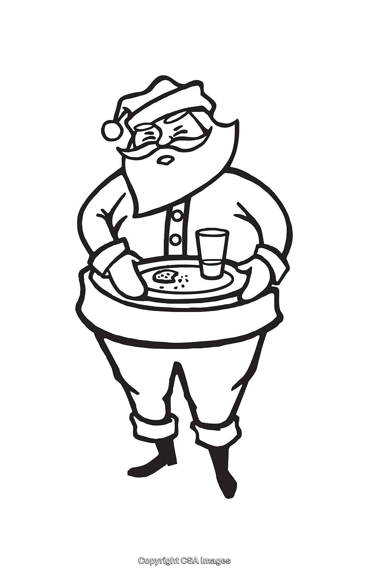 Santa Claus Holding a Tray with Milk and Cookies, Black and White Line Art
