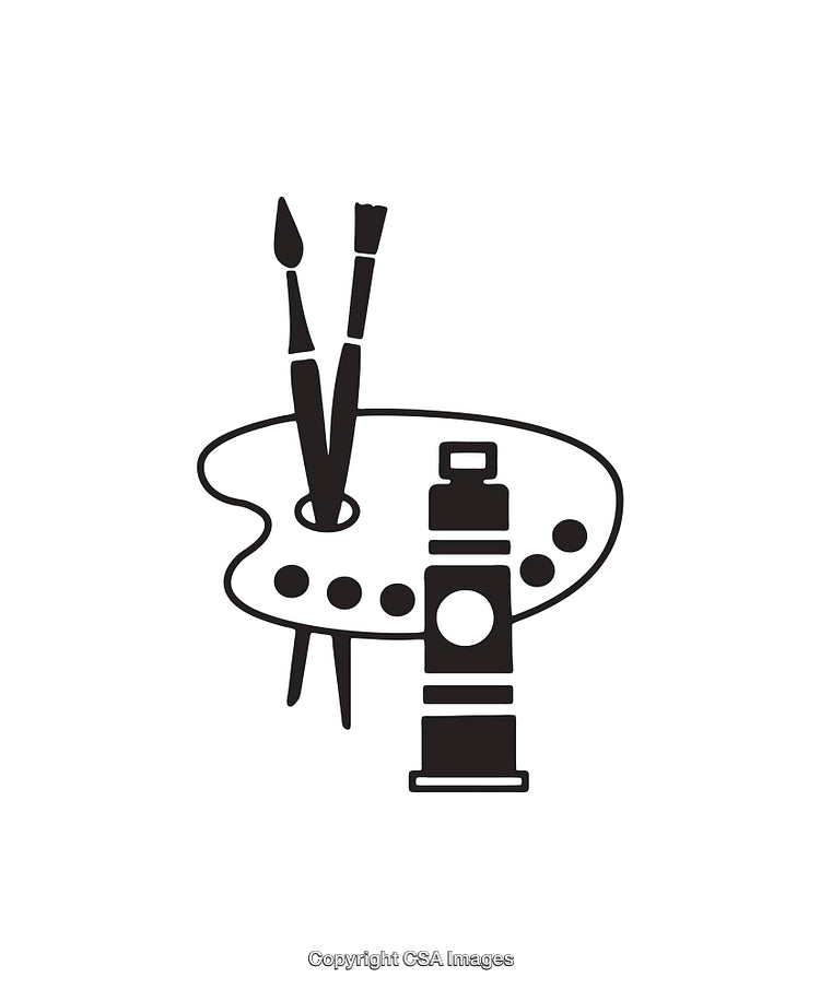 Black and White Illustration of Painting Tools Including Palette and Brushes
