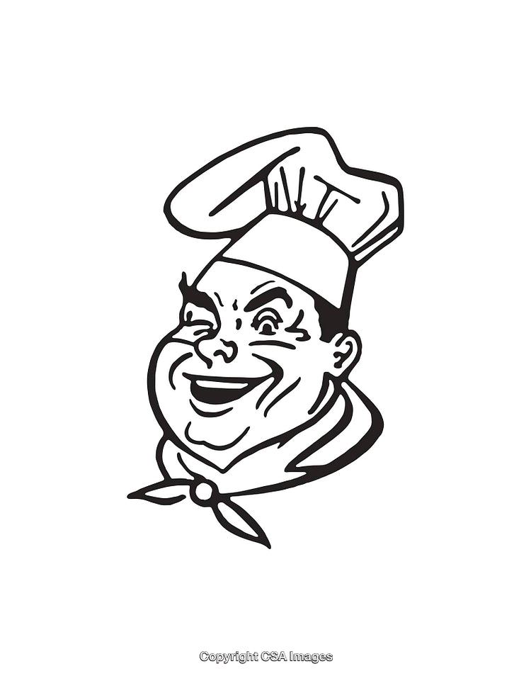 Black And White Line Art Of Smiling Chef With A Hat And Scarf