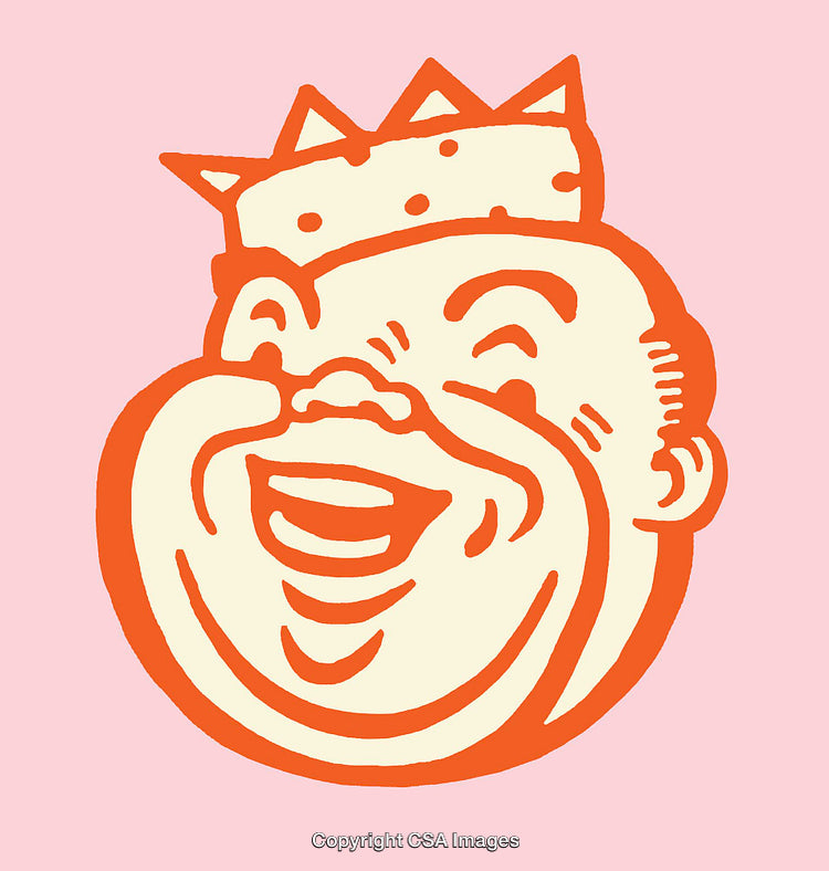 Colorful Minimalist Illustration of a Laughing Character With a Crown