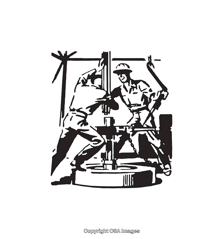 Vintage Line Art Illustration of Workers Operating Heavy Industrial Machinery