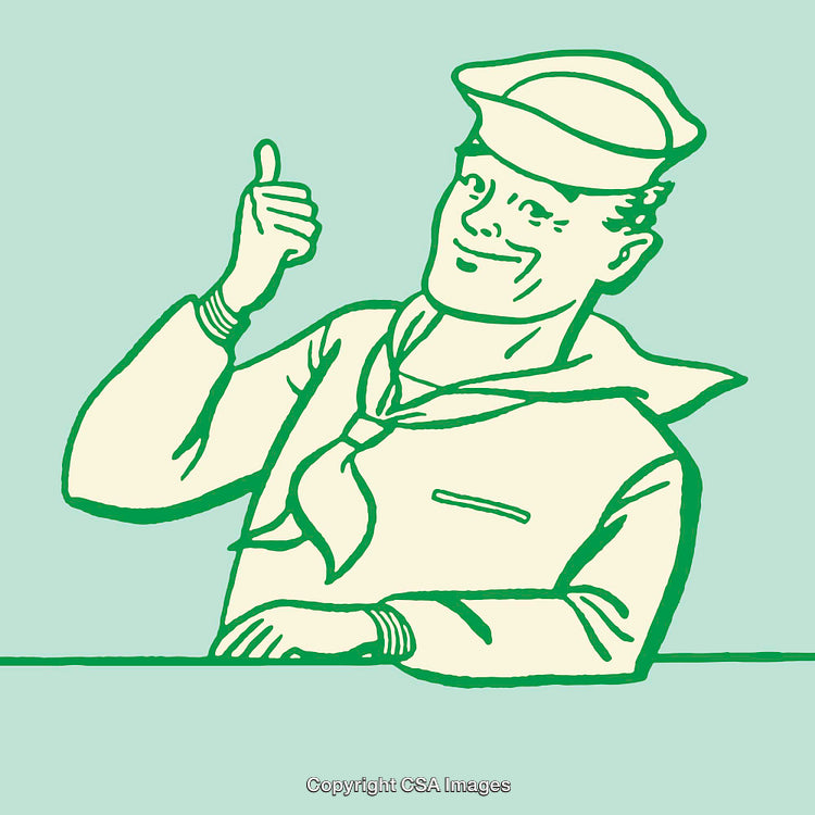 Vintage Line Art Illustration of a Smiling Sailor Giving a Thumbs Up