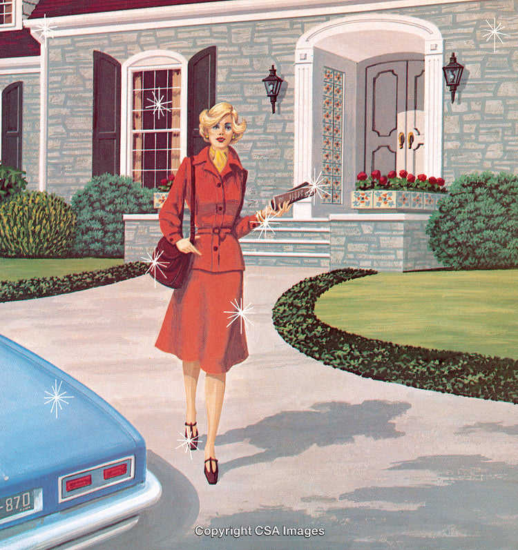 Stylized Illustration of Woman in a Red Outfit Outside a Suburban Home