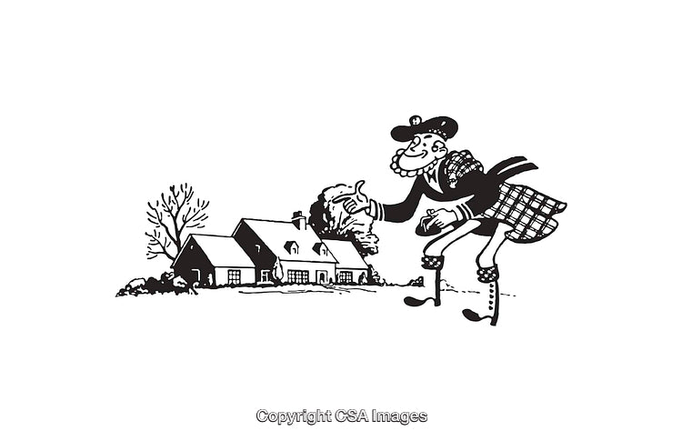 Black and White Illustration of Scottish Character Near a Countryside Cottage