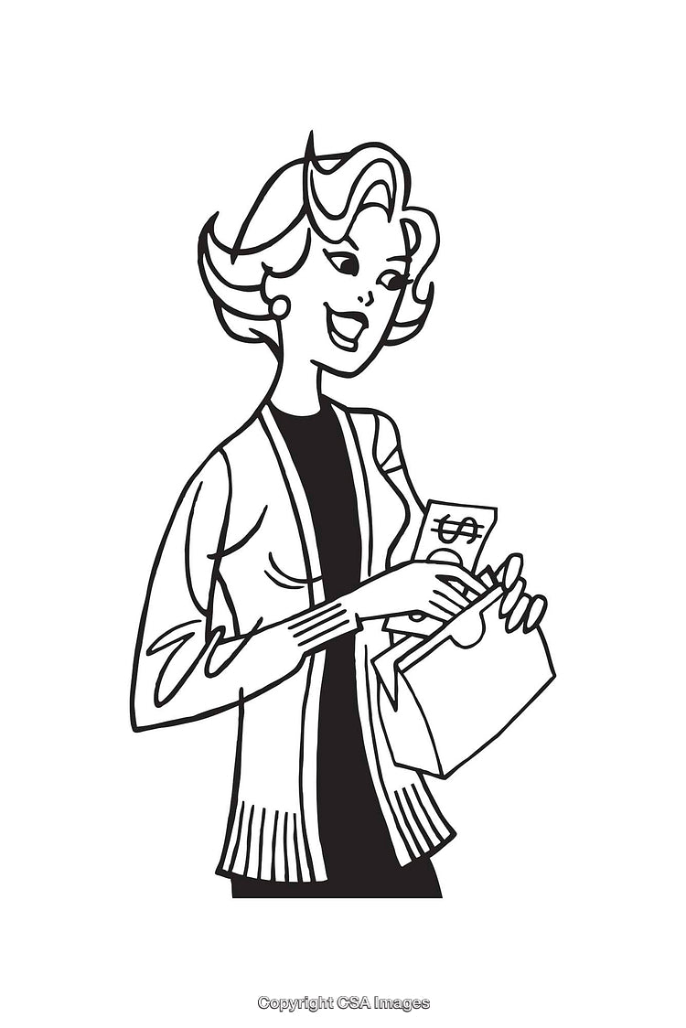 Black and White Line Art Illustration of a Happy Woman With a Wallet