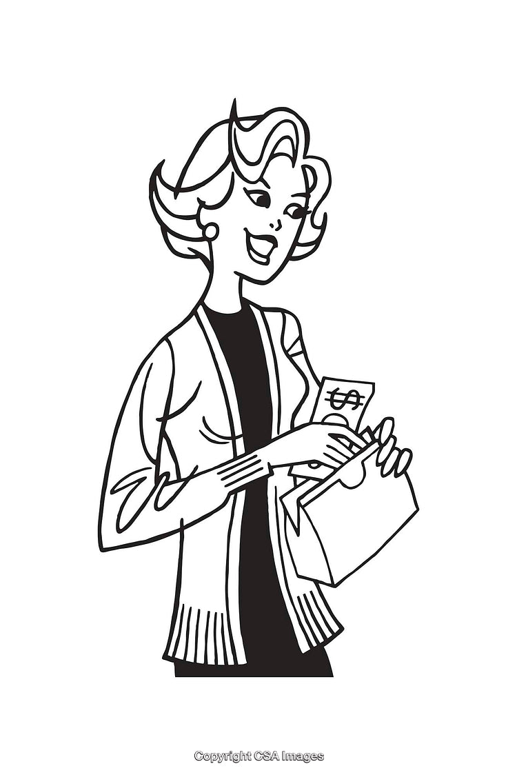 Black and White Line Art Illustration of a Happy Woman With a Wallet