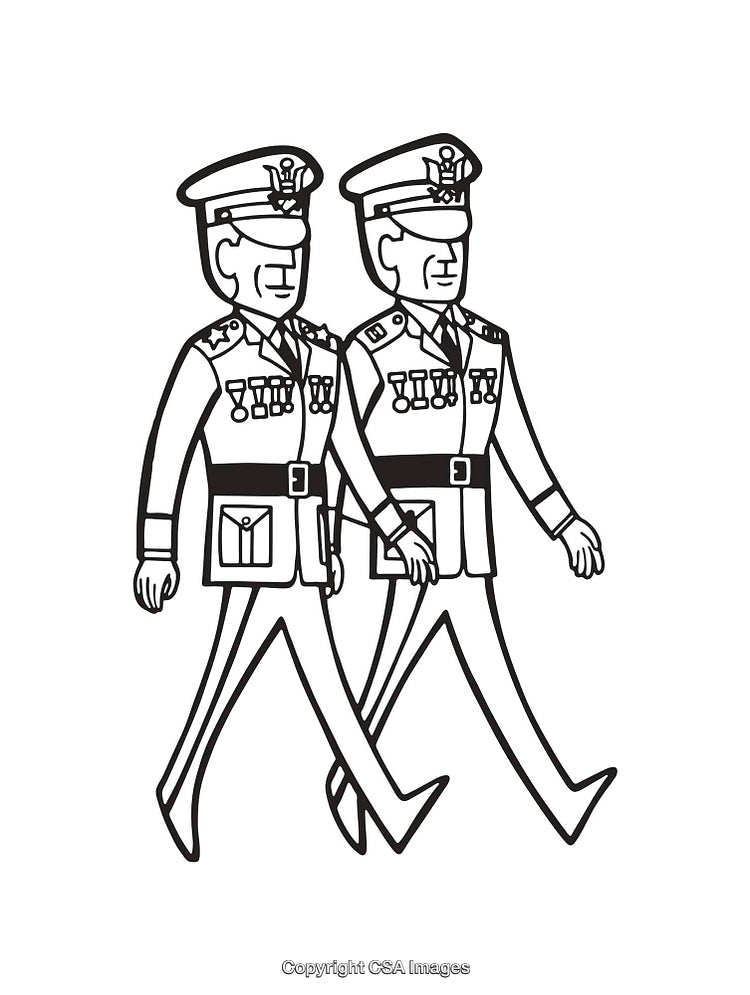 Black and White Line Art of Two Uniformed Marching Officers