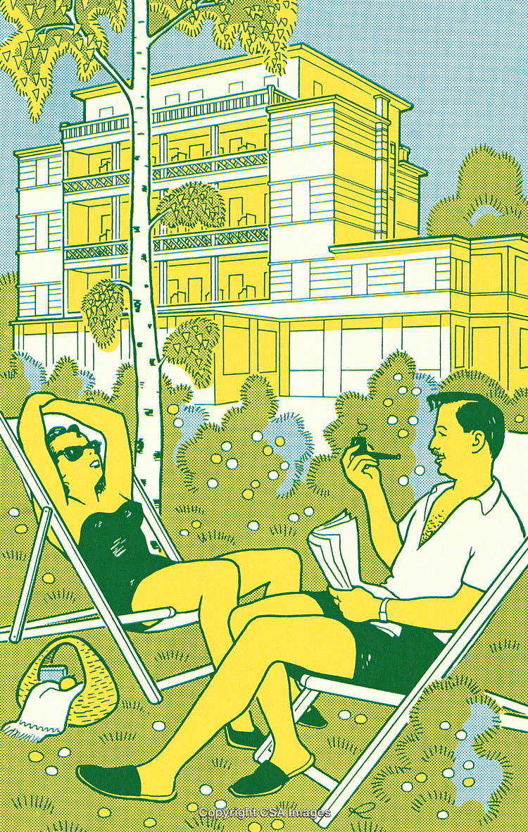 Retro Illustration of Relaxing Couple Outdoors Near Apartments