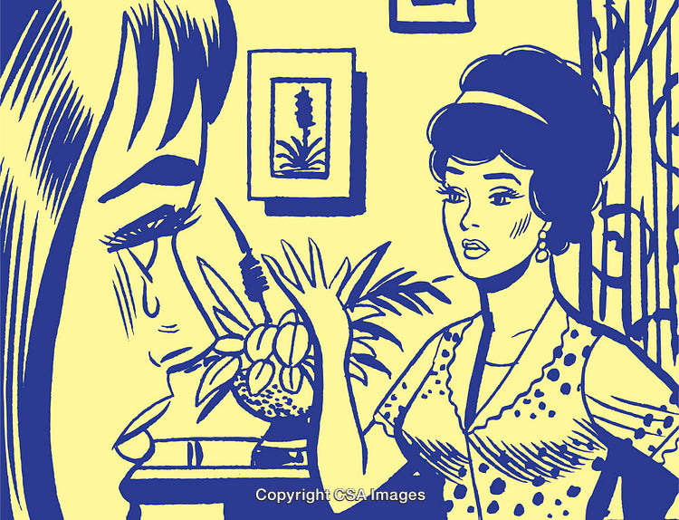 Stylized Retro Illustration Depicting Women in Thoughtful Conversation