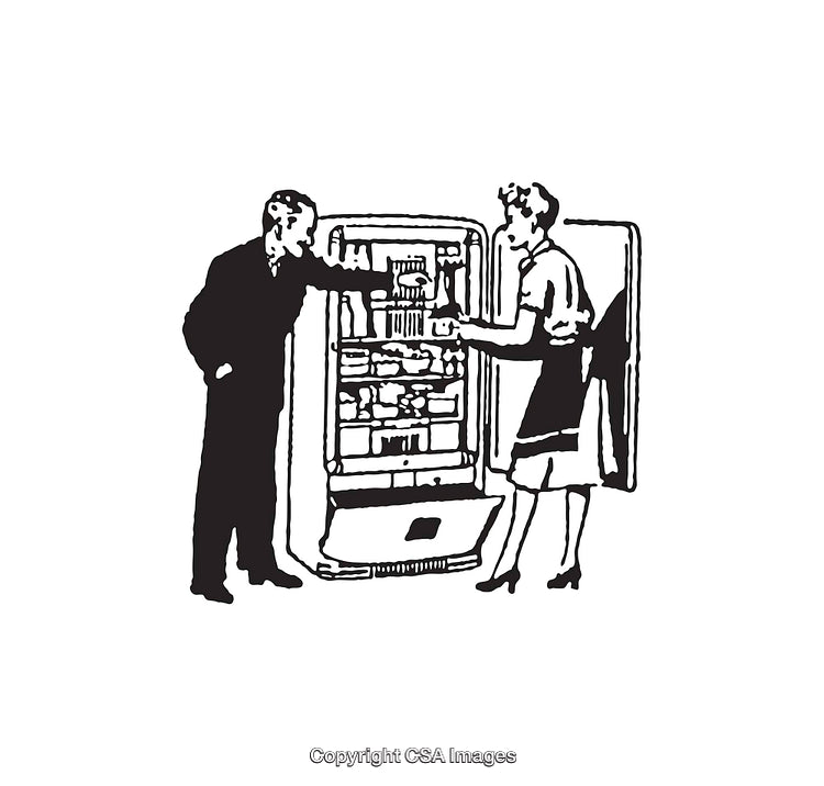 Vintage Line Art of Two People Using a Fridge