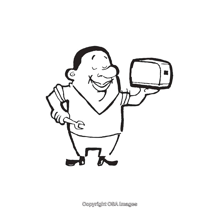 Cartoon Illustration of Man Holding Microwave and Wrench