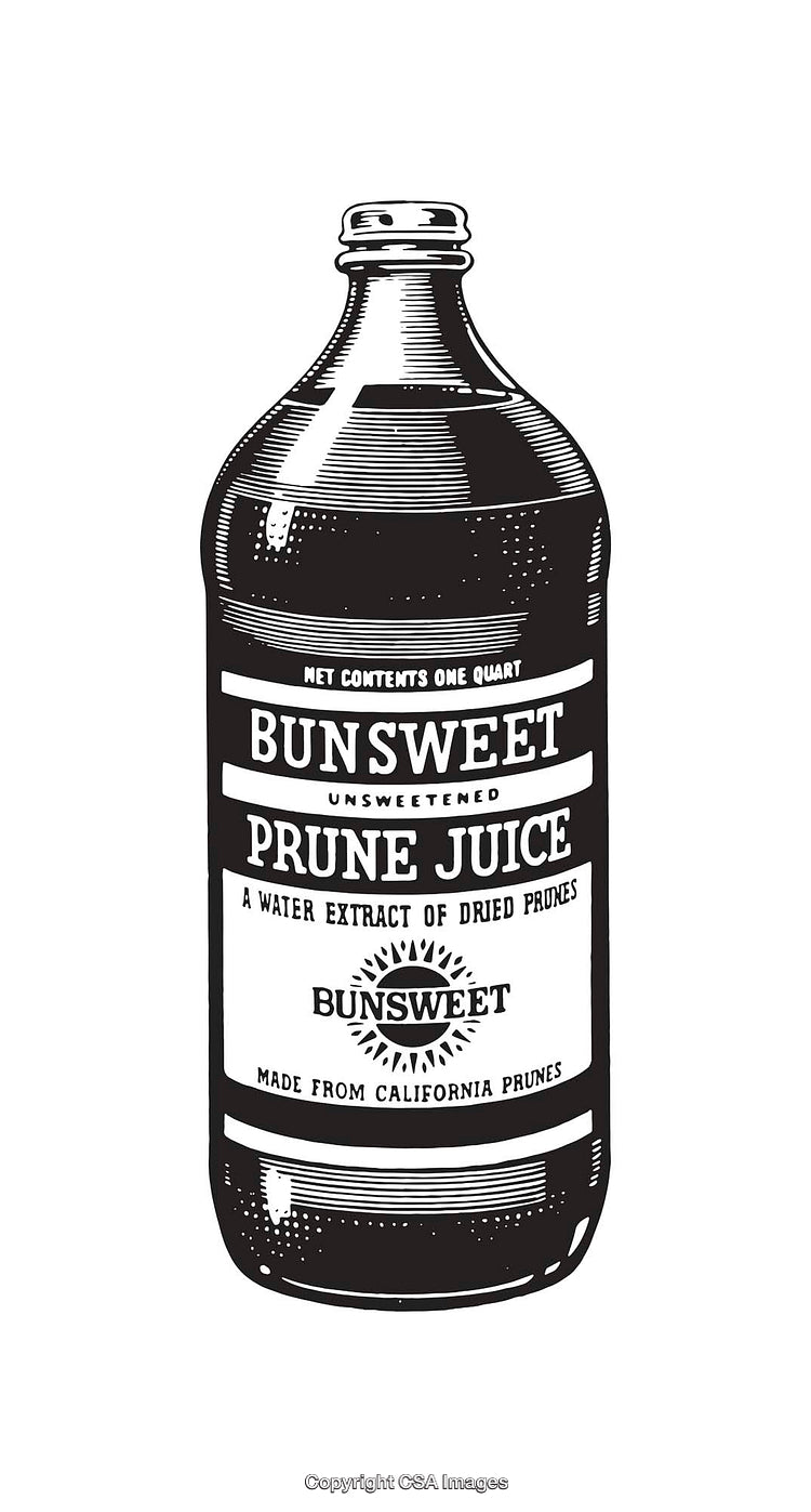 Black and White Line Art Illustration of a Prune Juice Bottle