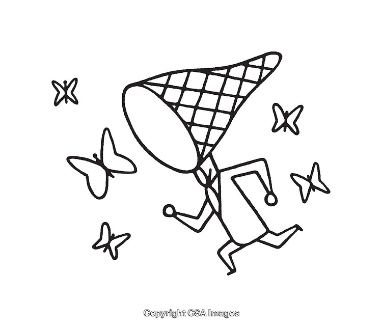 Simplistic Line Art of Character Chasing Butterflies with a Net