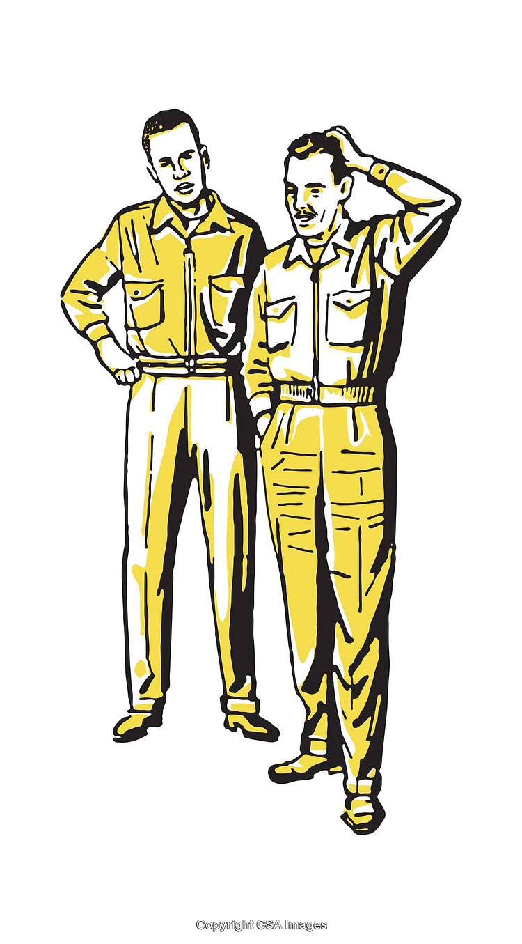Illustration of Two Men Engaged in Conversation Wearing Classic Attire