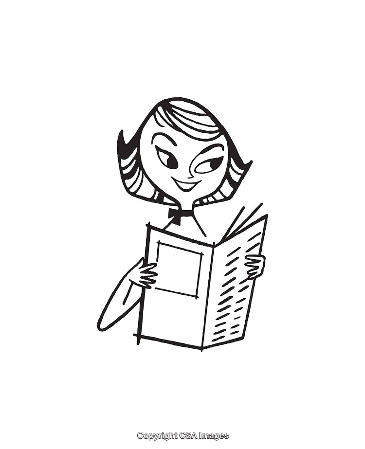 Retro Style Black and White Line Art of a Woman Reading