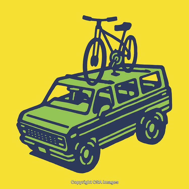 Minimalistic Illustration of a Car with Bicycle on Roof, Yellow Background