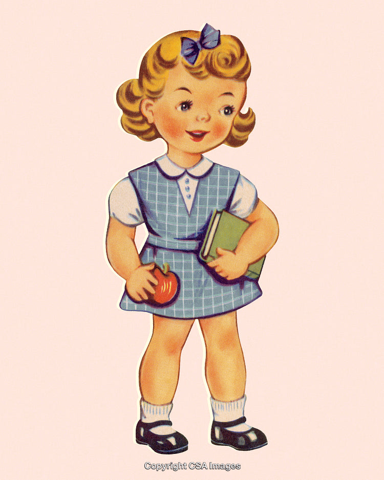 Vintage Illustration of Schoolgirl Holding Book and Apple on Pastel Background