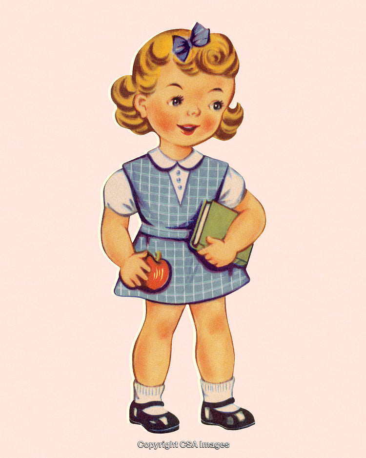 Vintage Illustration of Schoolgirl Holding Book and Apple on Pastel Background