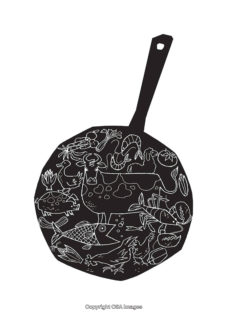 Hand-Drawn Black and White Line Art of Food in Frying Pan Shape