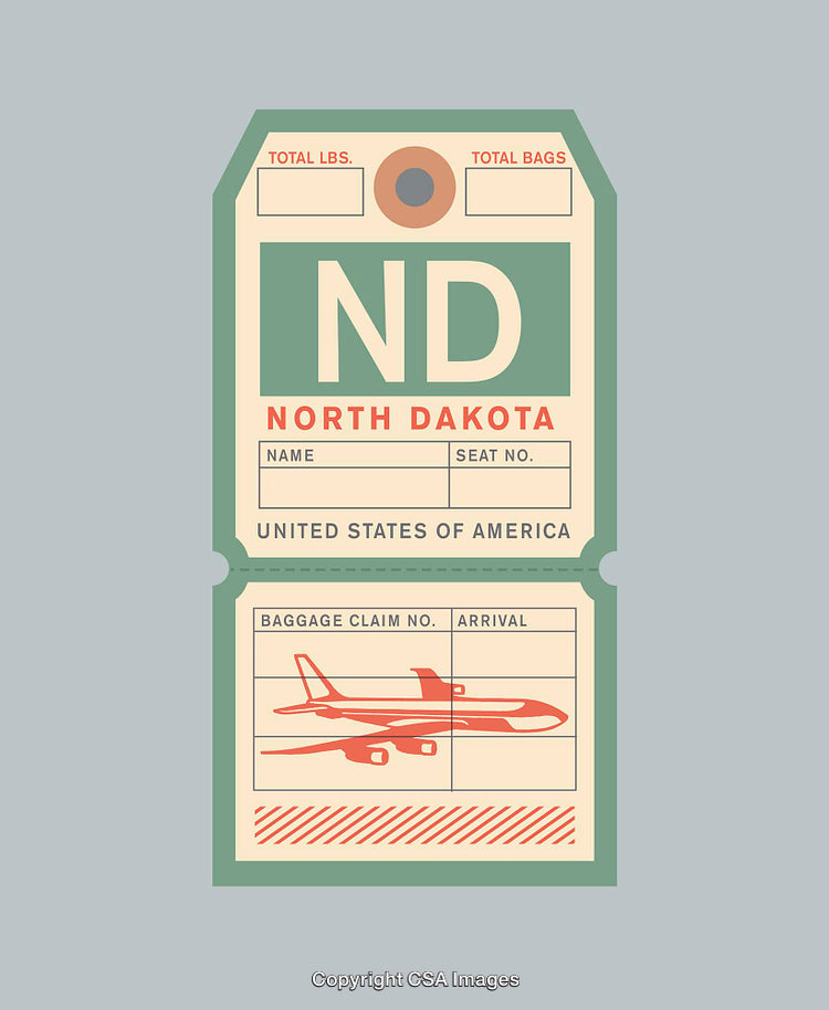Vintage Travel Tag for North Dakota Depicting Classic and Retro Airline Design
