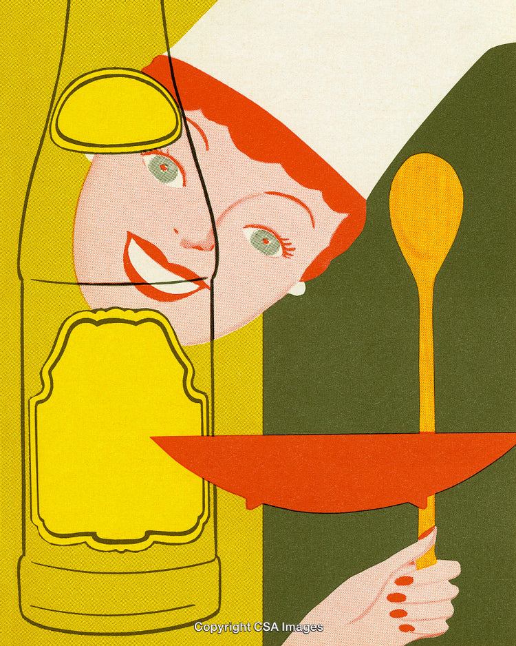 Retro Illustrated Design Featuring a Smiling Chef with Kitchen Elements