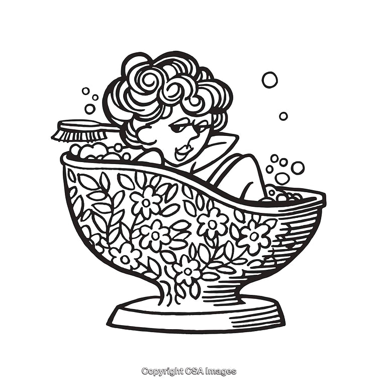 Charming Line Art Illustration of Woman Enjoying a Relaxing Flower Bathtub