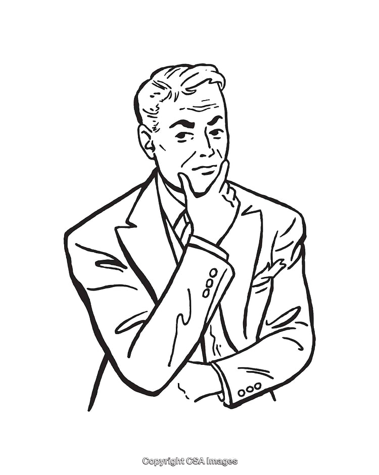 Black and White Line Art Depicting a Thoughtful Businessman in a Suit