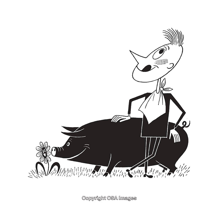 Vintage Black And White Illustration of a Farmer and His Pig