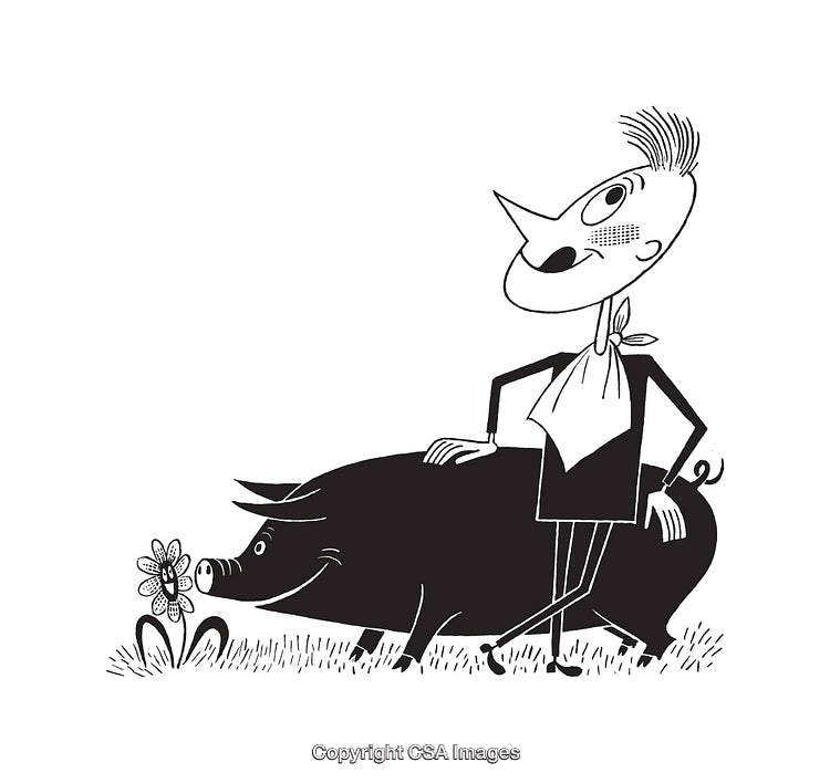 Vintage Black And White Illustration of a Farmer and His Pig
