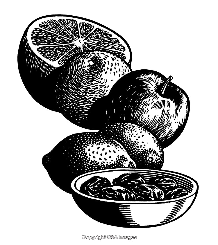 Black and White Engraving of Fruits and Bowl with Raisins