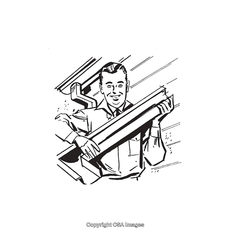 Black and White Line Art of a Man Carrying a Large Item Smiling