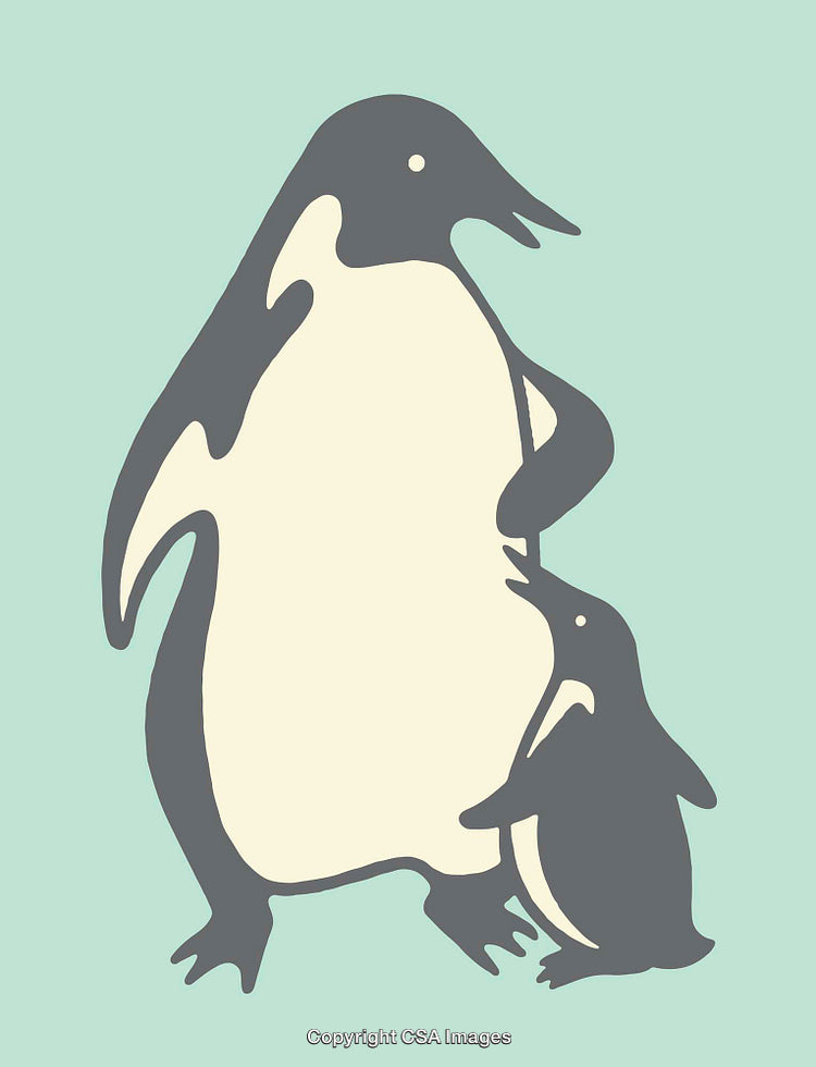 Stylized Illustration of Penguin Parent and Chick on Light Background