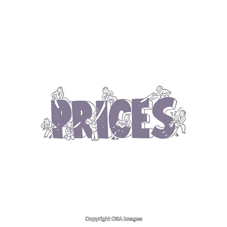 Creative Illustration Depicting Workers Modifying the Word 'Prices' in One Color