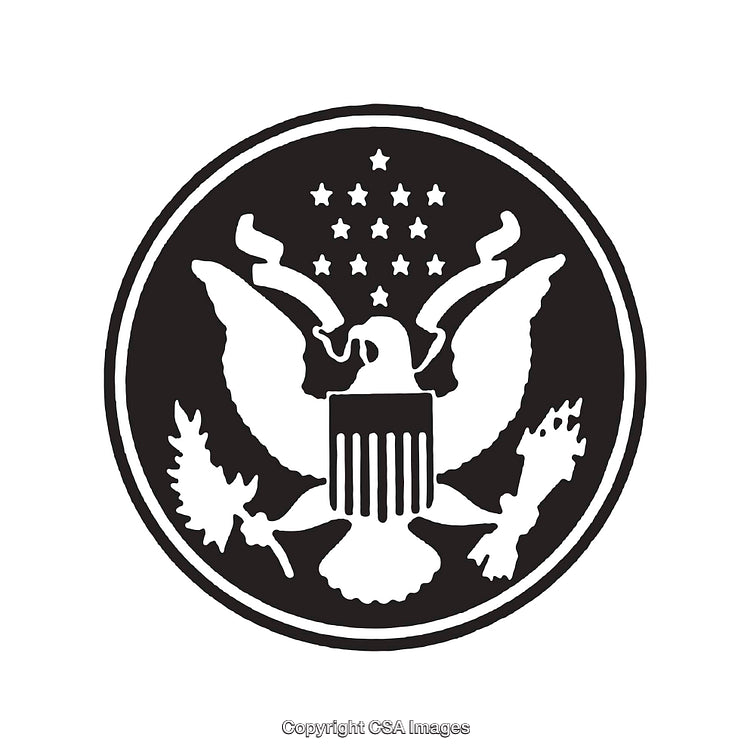 Black and White Illustration of an Eagle Emblem with Stars and Shield