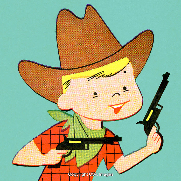 Vintage Cartoon of a Smiling Cowboy Holding Two Toy Guns Outdoors