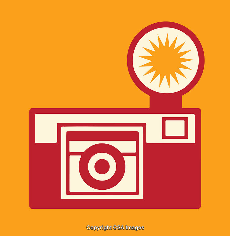 Retro Style Graphic Illustration of a Camera with Flash