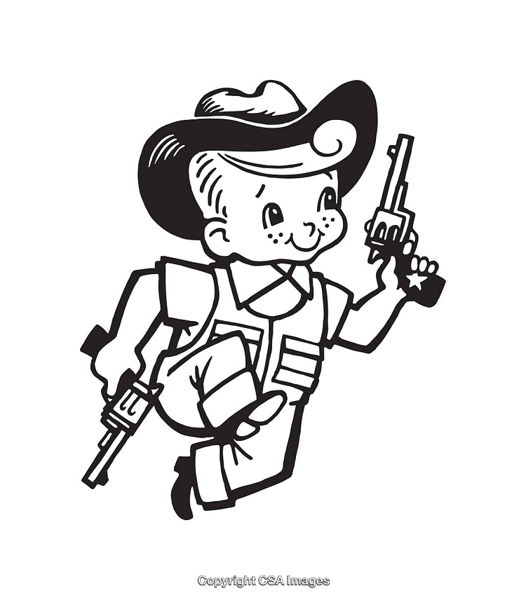 Retro Cowboy Kid Line Art Illustration with Guns