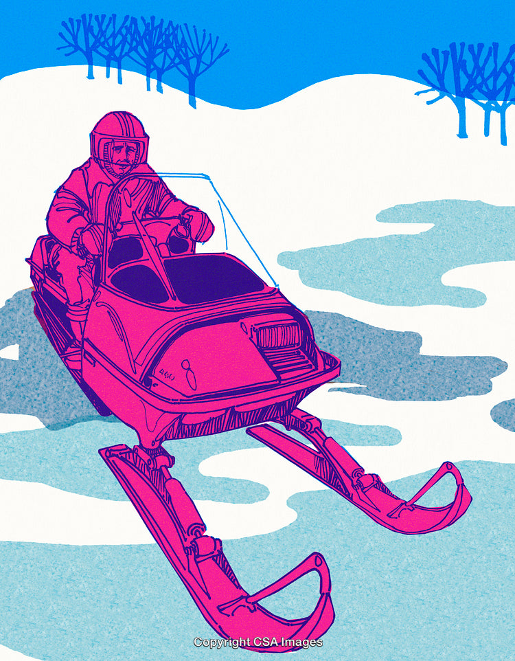 Illustrated Snowmobile Rider with Bright Colors in a Snow-covered Landscape