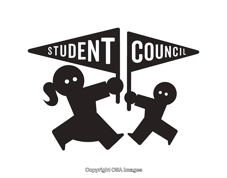 Black and White Student Council Design Illustration with Figures and Banners