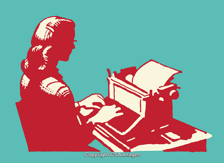 Retro Style Illustration of Woman Typing on a Vintage Typewriter