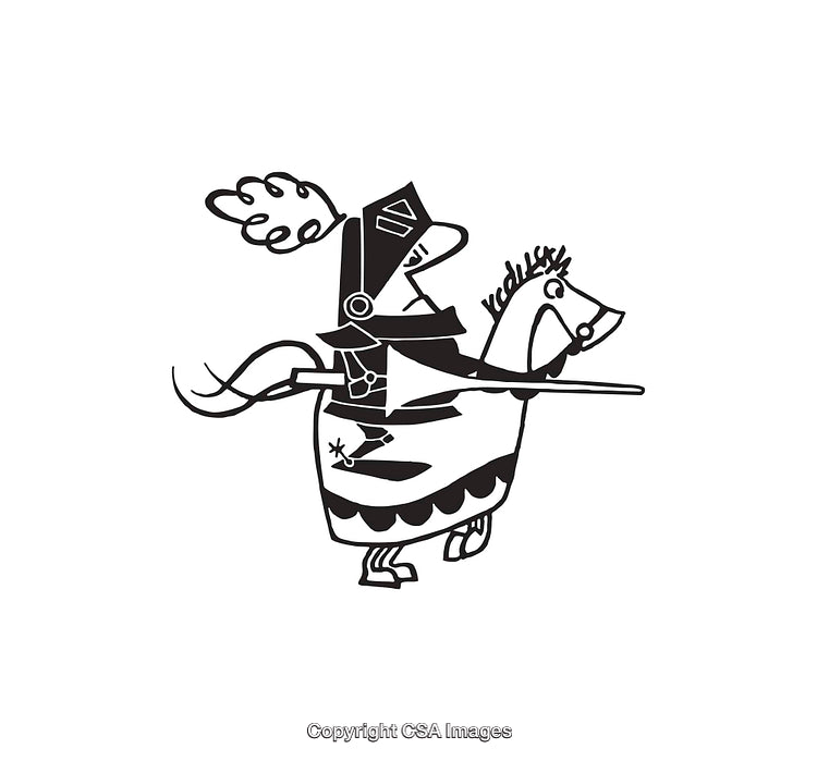 Illustration of a Knight on Horseback in Black and White Line Art