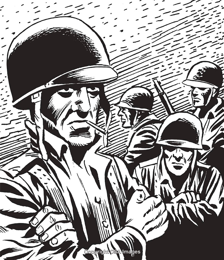 Black and White Drawing of Soldiers Wearing Helmets in Wartime Setting