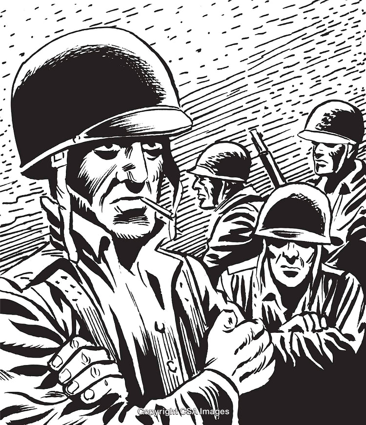 Black and White Drawing of Soldiers Wearing Helmets in Wartime Setting